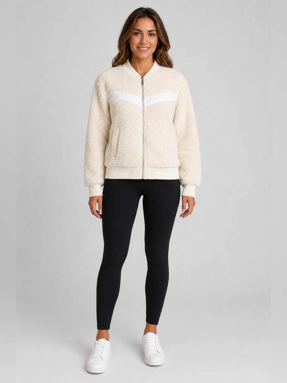 ZYIA Active Flying V Ivory Sherpa Fleece Bomber Jacket XS